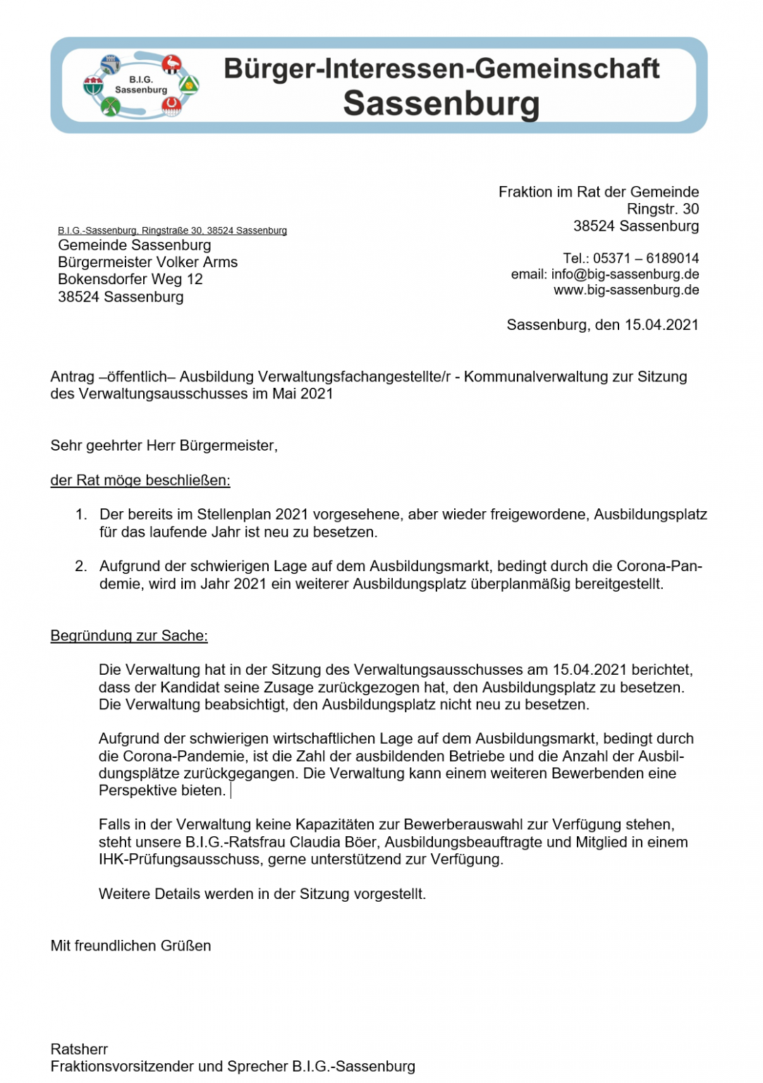 Antrag: Ausbildungsplätze schaffen - B.I.G.-Sassenburg